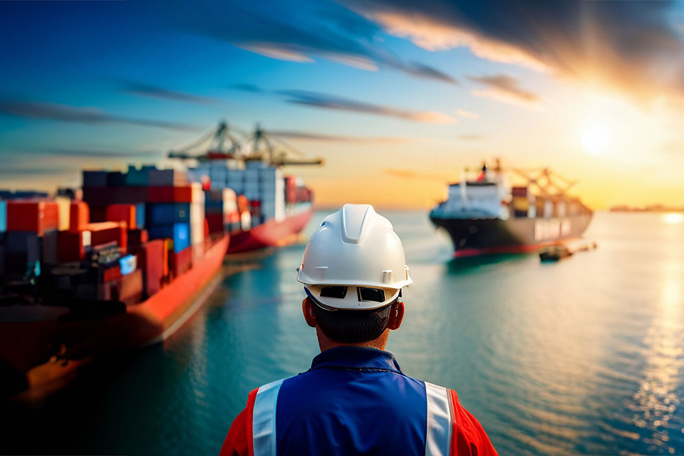 A worker in a hardhat overlooking a shipping yard